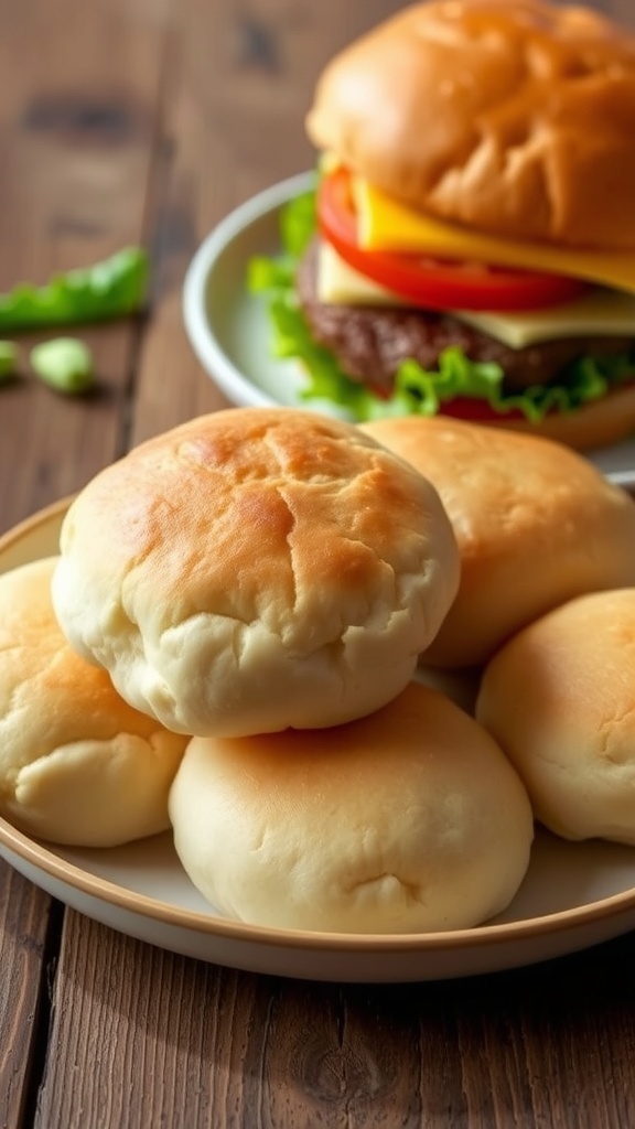 Cloud Bread Hamburger Buns Recipe Fluffy cloud bread hamburger buns on a plate, with a juicy hamburger in the background.